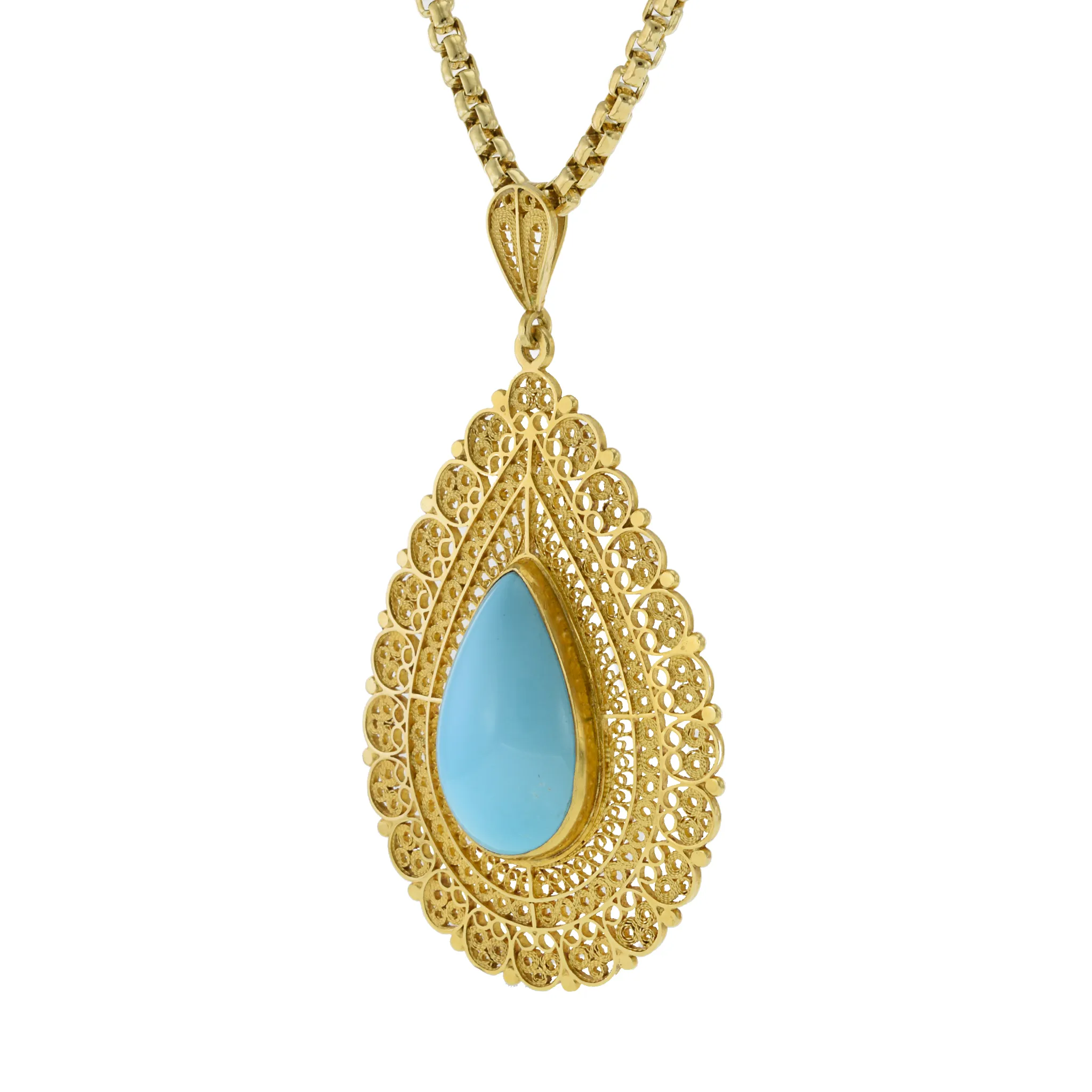 Victorian Era 18KT Yellow Gold Filigree Pendant with Persian Turquoise