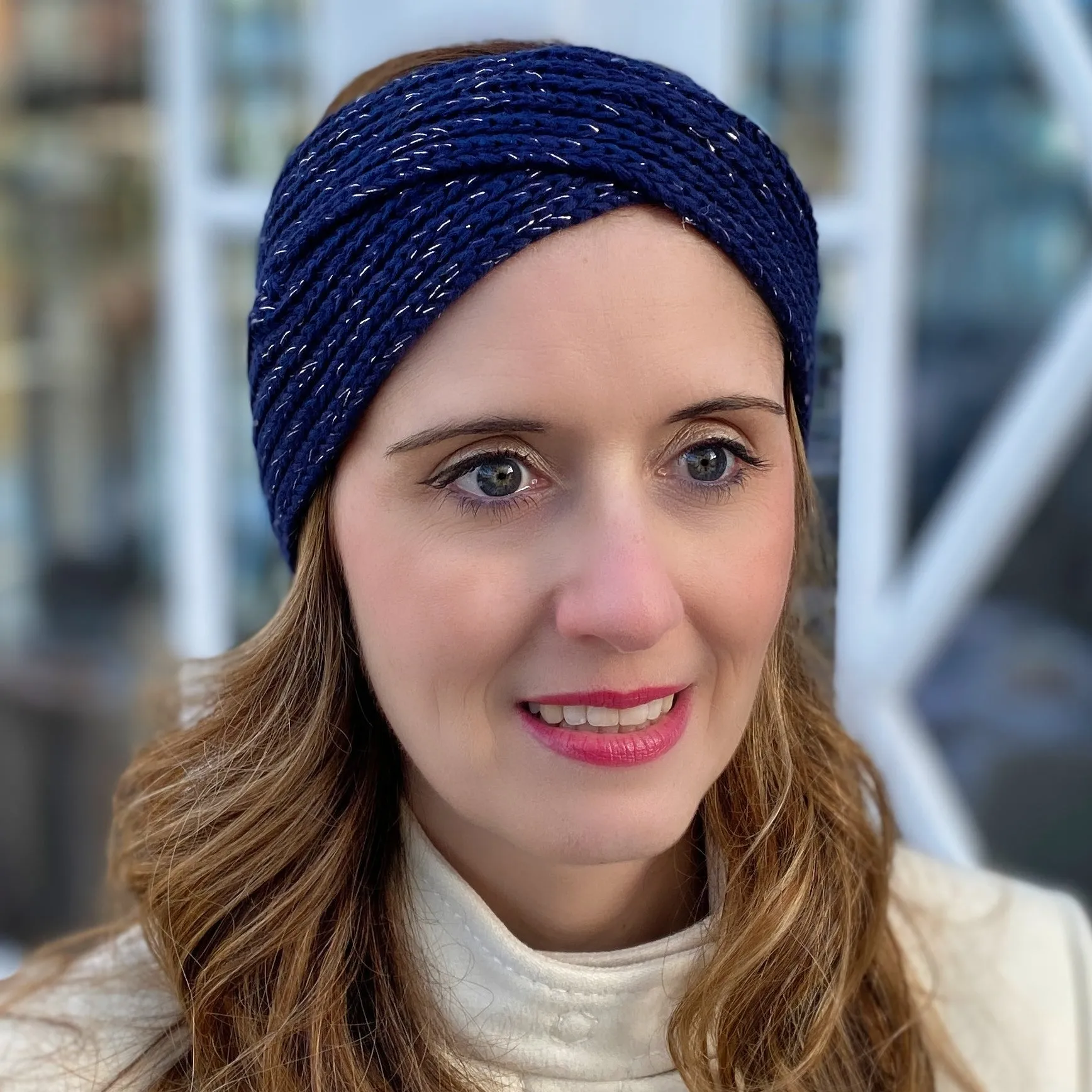 Winter Headband Navy with Pearl Brooch in Organic Cotton Lurex Sustainable