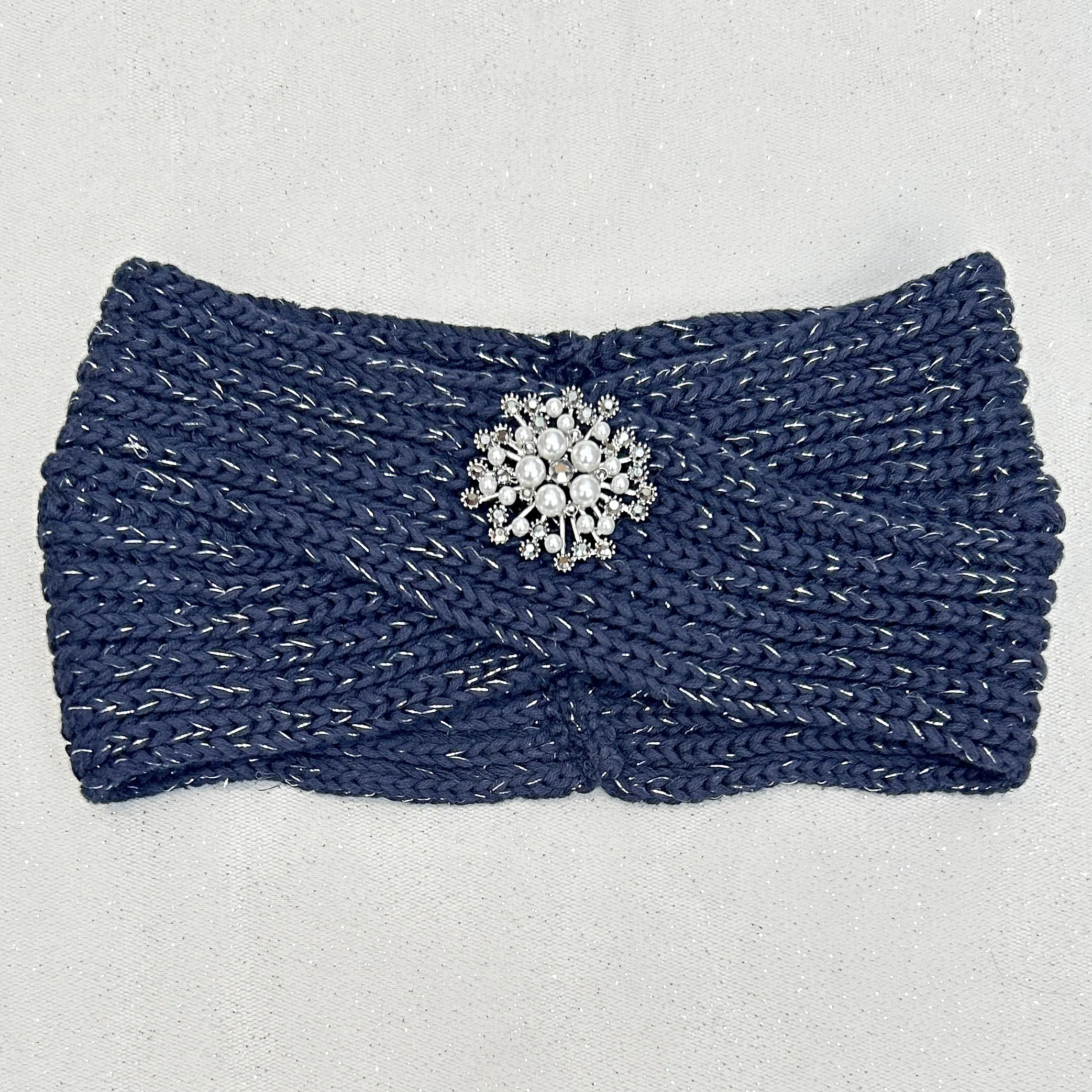 Winter Headband Navy with Pearl Brooch in Organic Cotton Lurex Sustainable