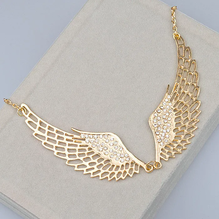 Women Fashion Rhinestone Jewelry Angel Wings Gold Color Choker Necklace